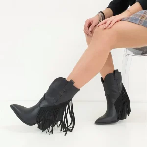 Stivaletti Gabriella 8 pelle nero con frange camoscio nero