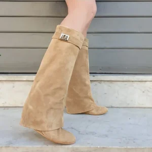 Stivali Annachiara 6 camoscio beige con risvolto