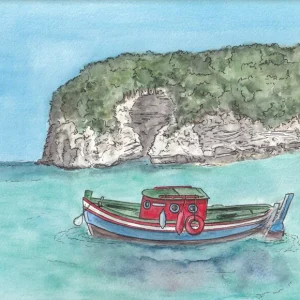 Paesaggio acquerello: peschereccio ad Antipaxos