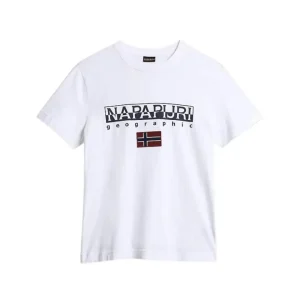 Napapijri T-shirt Manica Corta Bordi a Coste Girocollo Logo Bianco