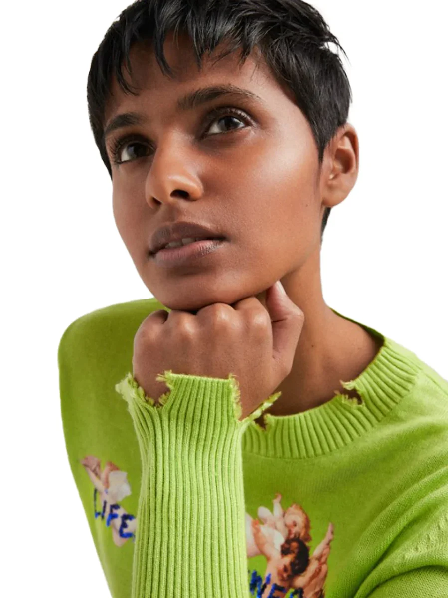 Desigual Pullover Fluo Vintage Strappi Cherubini Art Verde Donna - immagine 5