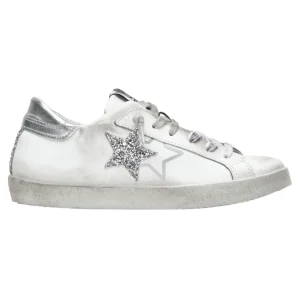 2Star Scarpe Sneakers Made in Italy artigianali One Star Pelle con Glitter Argento Bianco 4205