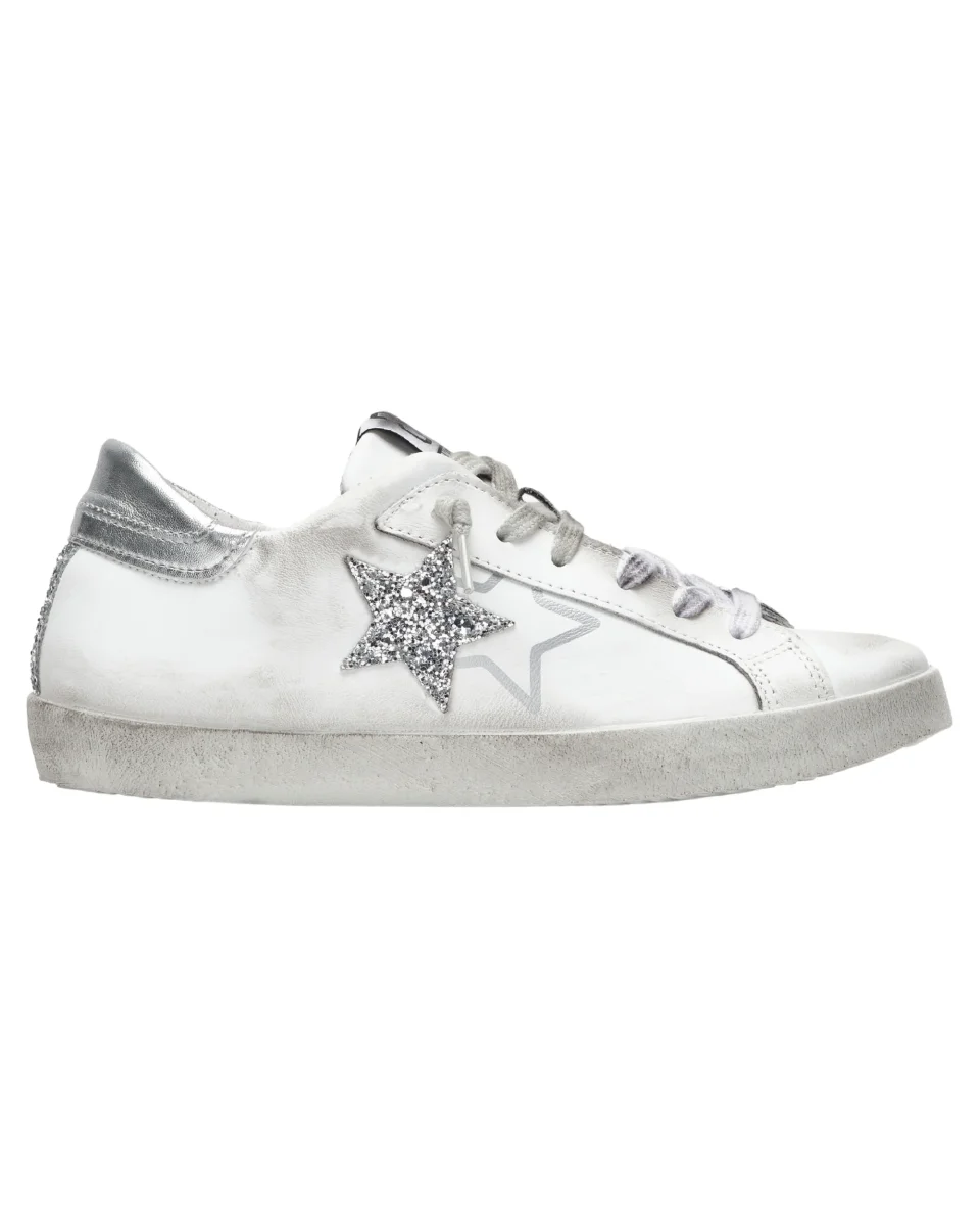 2Star Scarpe Sneakers Made in Italy artigianali One Star Pelle con Glitter Argento Bianco 4205
