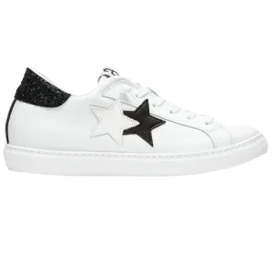 2Star scarpe Sneakers Low in Pelle con Glitter Bianco nero
