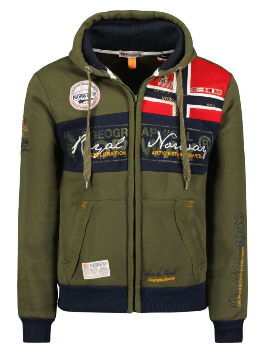 Geographical Norway Felpa Flyer Full Zip con Cappuccio Sport Verde Kaki Uomo