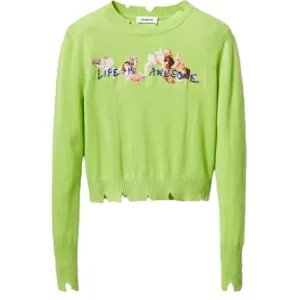 Desigual Pullover Fluo Vintage Strappi Cherubini Art Verde Donna