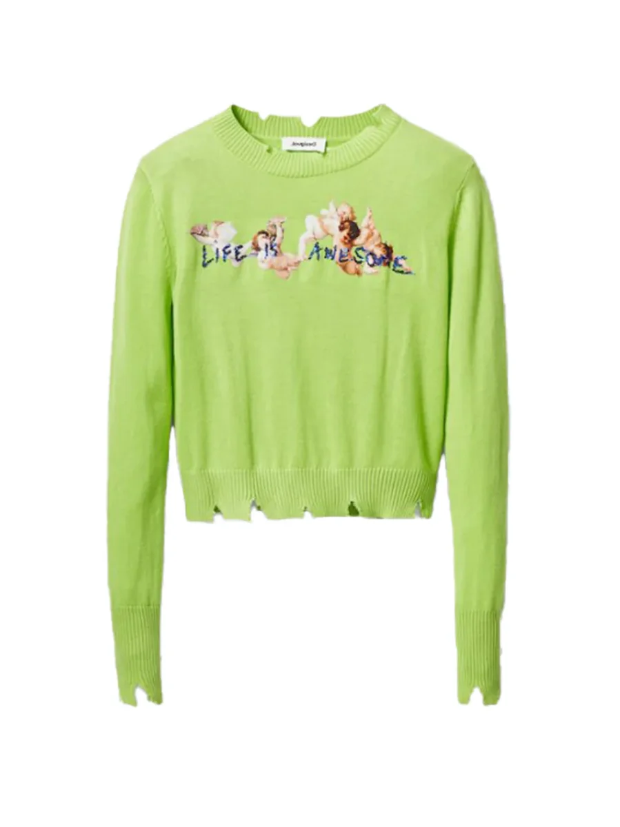 Desigual Pullover Fluo Vintage Strappi Cherubini Art Verde Donna
