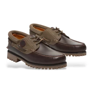 Timberland Scarpa da Barca Uomo Authentic 3-Eye Lug Tomaia in Pelle Marrone Scuro