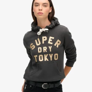 Superdry Felpa Donna Glitter Graphic Logo Hoodie misto Cotone Nero Washed