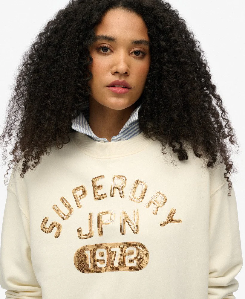 Superdry Felpa Maglioncino Donna Embellished Varsity loose Crew Cotone Bianco Crema - immagine 3