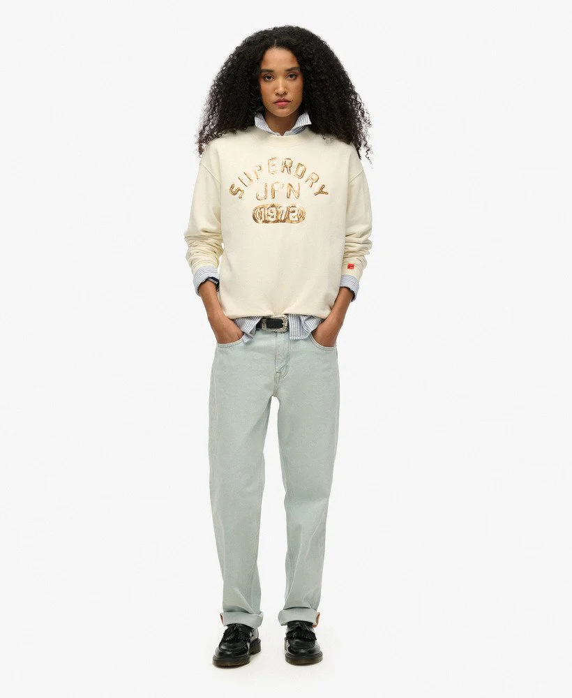 Superdry Felpa Maglioncino Donna Embellished Varsity loose Crew Cotone Bianco Crema - immagine 5