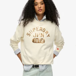 Superdry Felpa Maglioncino Donna Embellished Varsity loose Crew Cotone Bianco Crema