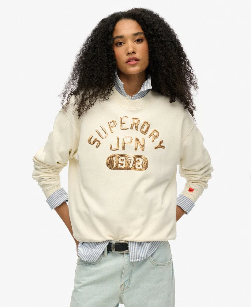 Superdry Felpa Maglioncino Donna Embellished Varsity loose Crew Cotone Bianco Crema
