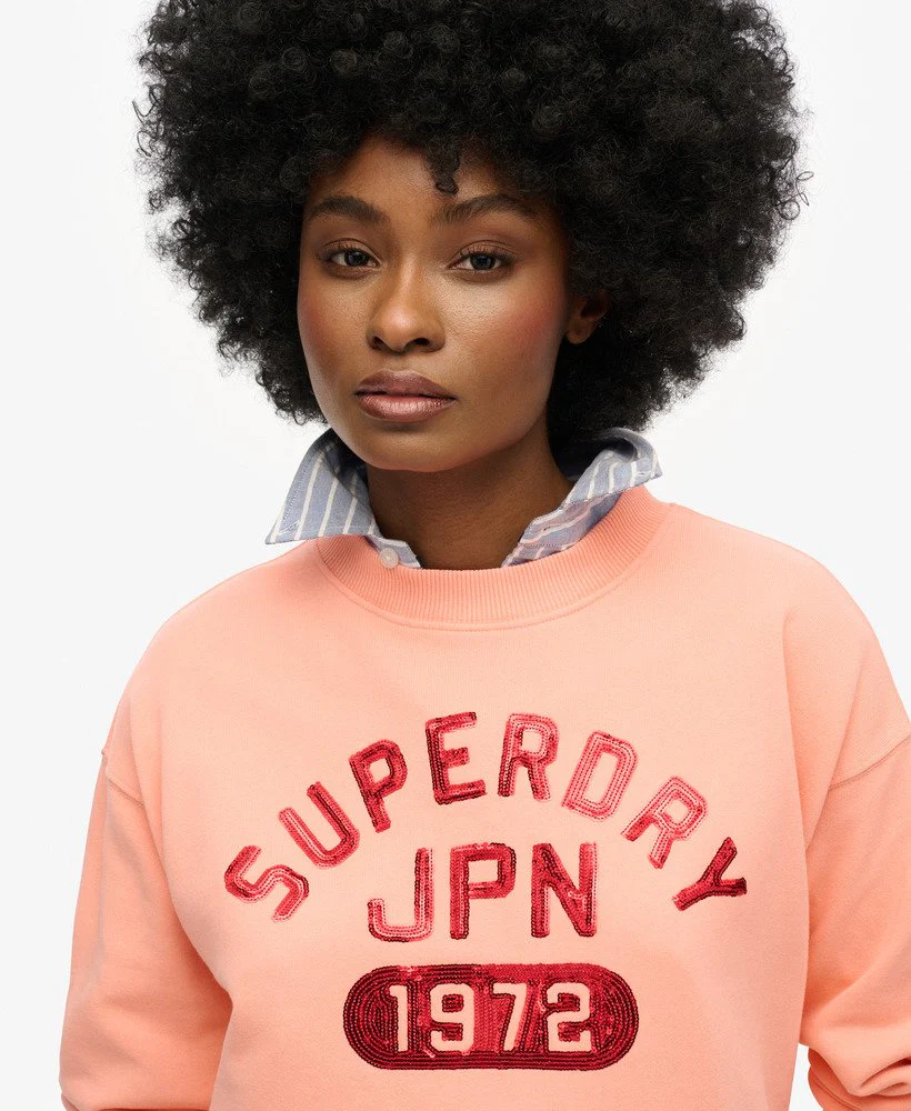 Superdry Felpa Maglioncino Donna Embellished Varsity loose Crew Cotone Rosa Pesca - immagine 3