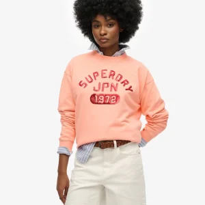 Superdry Felpa Maglioncino Donna Embellished Varsity loose Crew Cotone Rosa Pesca