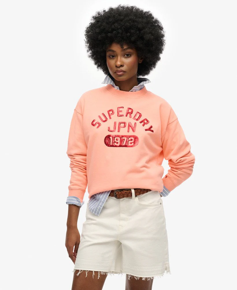Superdry Felpa Maglioncino Donna Embellished Varsity loose Crew Cotone Rosa Pesca